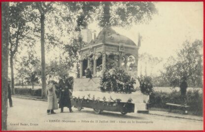 cpa-ernee-mayenne-fetes-11-juillet-1909-char-boulangerie
