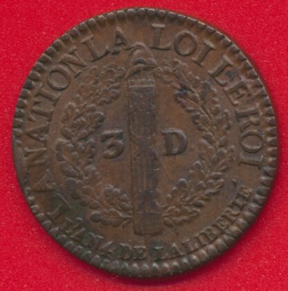 Louis XVI - 3 Deniers - 1792 - DL - Roanne – Image 2