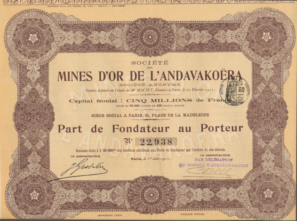 action : part de fondateur au porteur mines d or de l Uruguay 1895