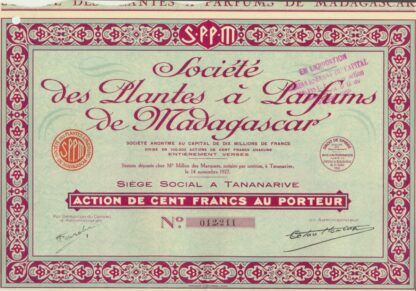 societe-plantes-parfums-madagascar-action-cent-francs-porteur-1927