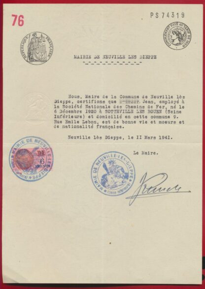 FISCAL - 6 Francs DA - sur Document Mairie Neuville-les-Dieppe - 1941 – Image 2