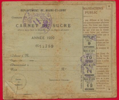Carte Individuelle d'Alimentation - Maine-et-Loire - Sucre - 1920 – Image 2