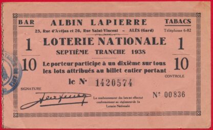 ticket-loterie-nationale-albin-lapierre-tranche-1938-ales-gard