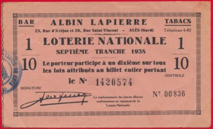 ticket-loterie-nationale-albin-lapierre-tranche-1938-ales-gard