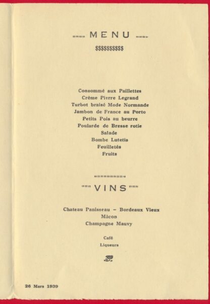 Menu Hôtel LUTECIA - PARIS - 1939 – Image 2
