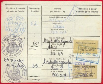 PERMIS DE CHASSE - Permis Départemental - 1974 & 1975 sur document – Image 2