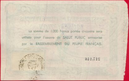 1000 Francs - Rassemblement du Peuple Français – Image 3