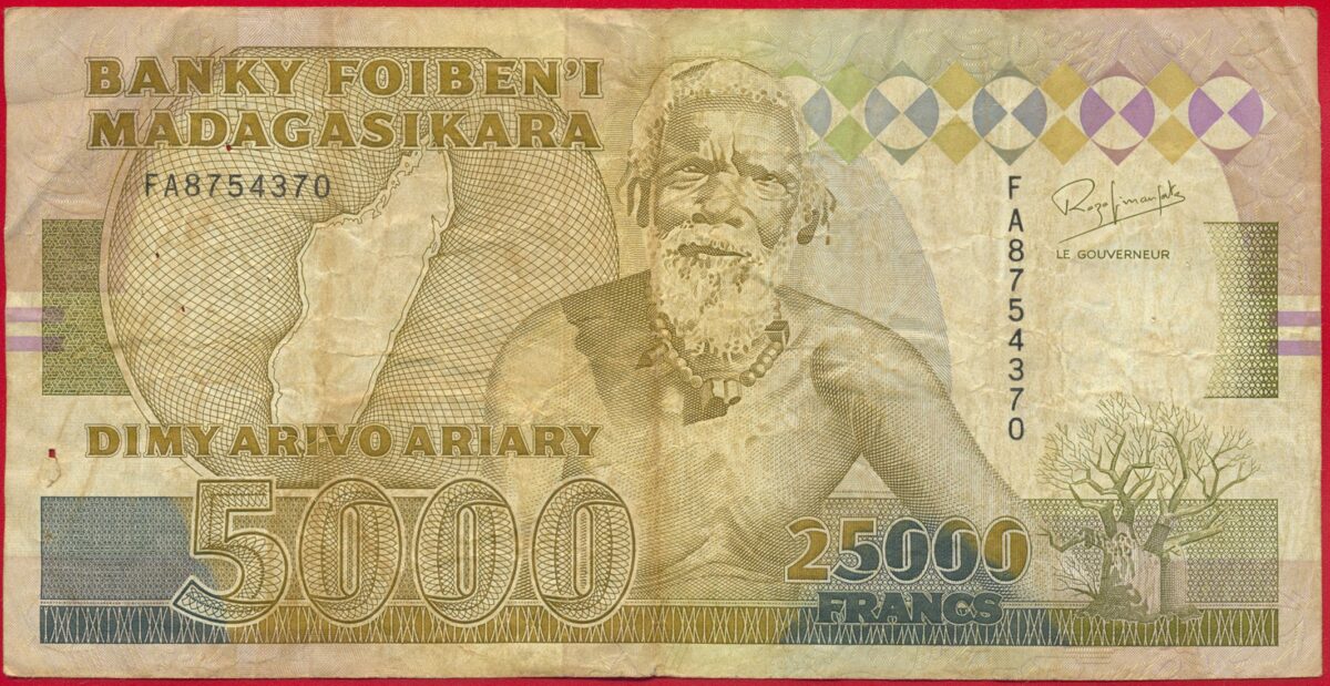 5 00 MADAGASCAR 5000 Ariary 25000 Francs FDCollector 5-00-madagascar-5000-ariary-25000-francs-fdcollector