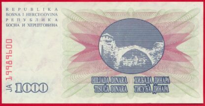 BOSNIE-HERZEGOVINE - 1000 Dinara - 1992 – Image 2