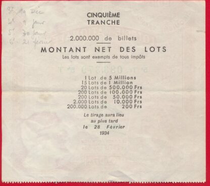 Ticket Loterie Nationale - 1934 – Image 2