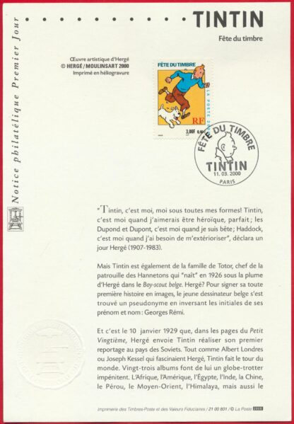 Notice philatélique Tintin - 2000 – Image 2