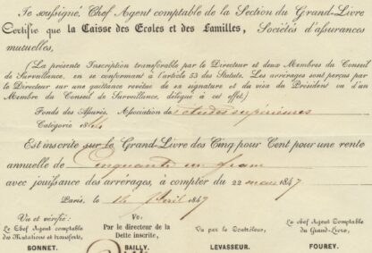 DETTE PUBLIQUE - Cinq pour Cent Extrait d'Inscription au Grand Livre - 1847 – Image 4