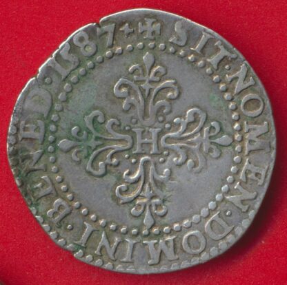 HENRI III - Demi-Franc au col plat - 1587 - Poitiers - Variété DEI – Image 2