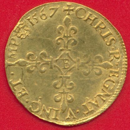 CHARLES IX - Ecu d'Or au Soleil - 1567 - Rouen - variété – Image 2