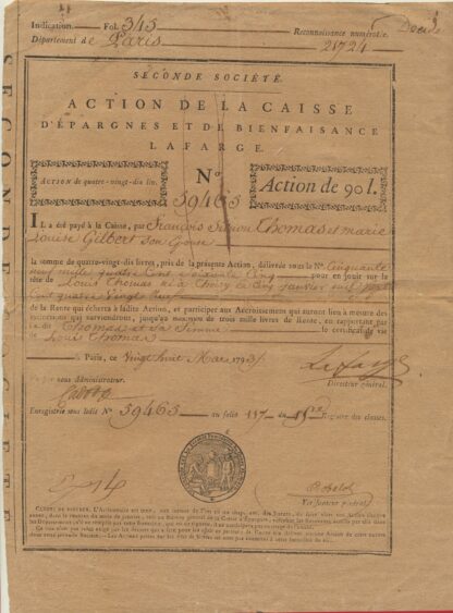 ACTION DE LA CAISSE D'EPARGNES ET DE BIENFAISANCE  LAFARGE - 1793 – Image 2