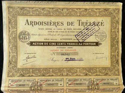 angers société des ardoisières de trélazé action de 500 francs 1925