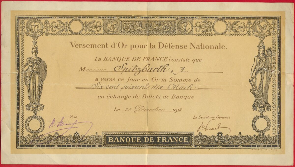 banque de france versement d'or pour la défense nationale