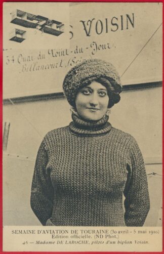 cpa-semaine-aviation-touraine-1910-madame-de-laroche-pilote-bilplan-voisin-